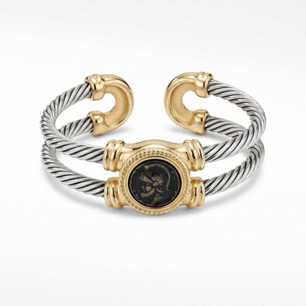 Vintage Two-Tone Cable Cuff Bracelet - Ancient Coin Intaglio -Silver & Gold Tone